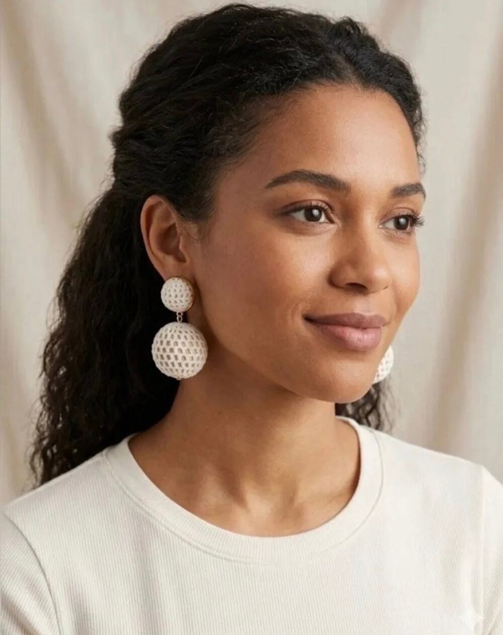 Tuckernuck Cream Netting Lantern Earrings Coastal Preppy Boho Jewelry Dangle